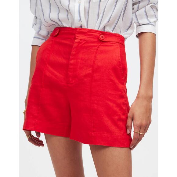 Madewell Clean‎ Button-Tab Shorts in 100% Linen Red Women’s Size 00 - Picture 3 of 12